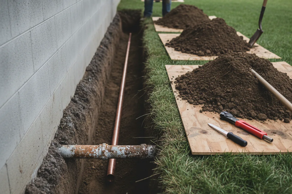 Excavated water line trench during Sewer Line Repair in Crystal Springs